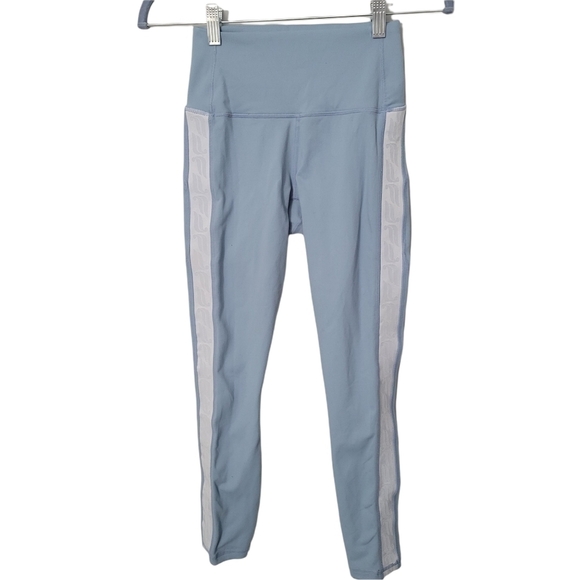 Fabletics Powerhold Baby Blue Logo Stripe Athletic Leggings - Picture 1 of 10